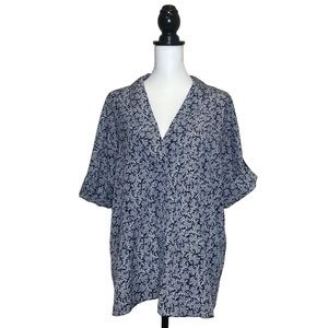 Michael Kors Blue and White Floral Button Up Top Gold Hardware on Sleeves